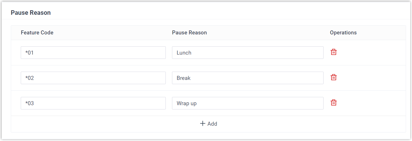 Pause Reason settings listing each reason alongside its feature code