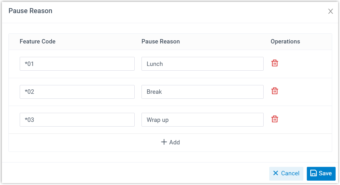 Default list of pause reasons and their feature codes