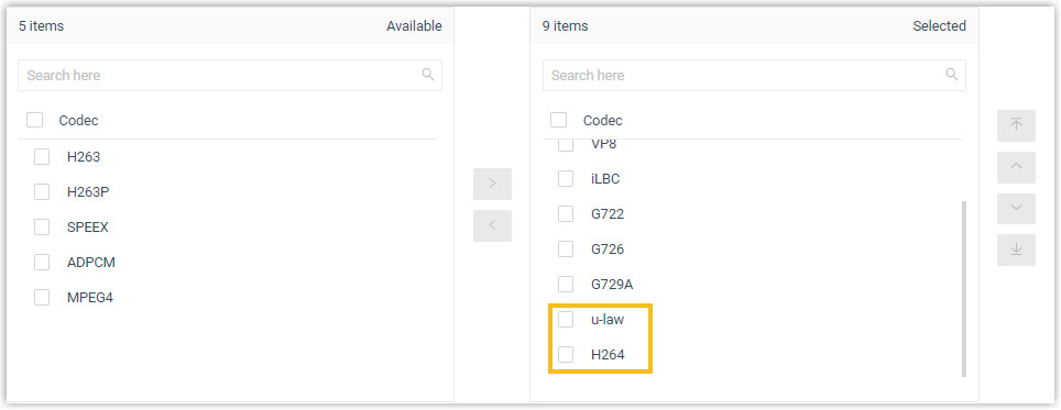 Codec settings in Cloud Voice with u-law and H264 in the selected list