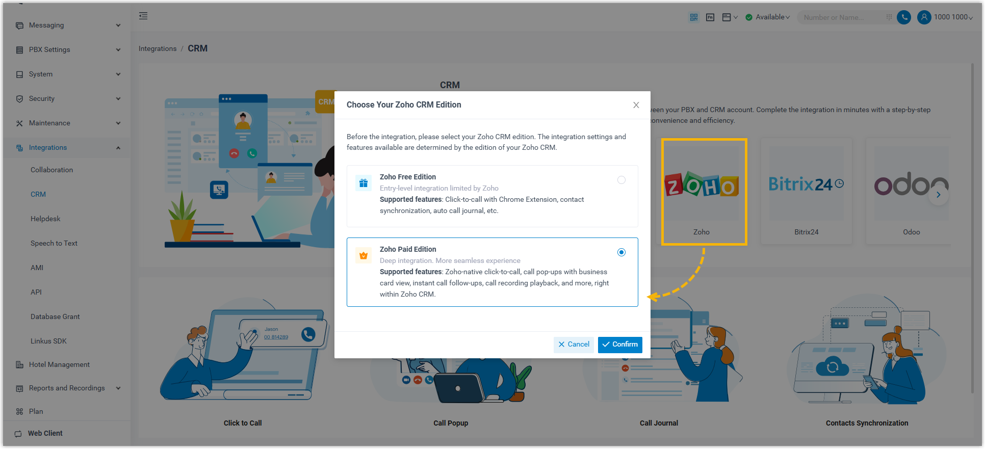 The Zoho CRM option under the Cloud Voice Integrations menu
