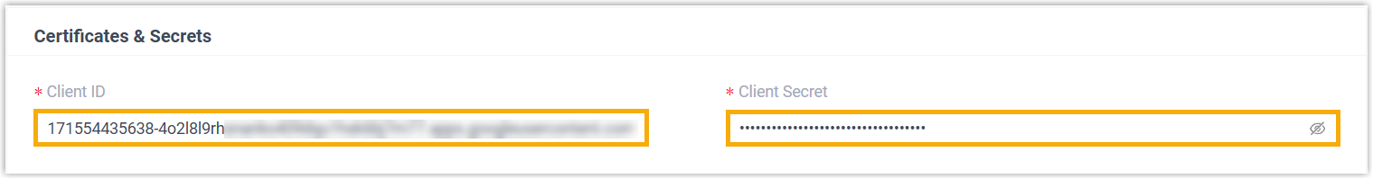 The Certificates and Secrets section with client ID and secret fields