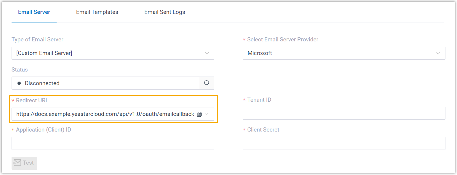 Cloud Voice, the Email Server page with the Microsoft provider selected and the Redirect URI field highlighted