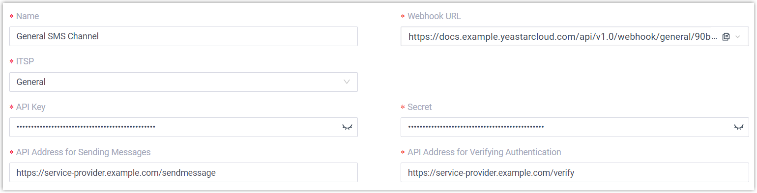 Cloud Voice, Authentication tab of an SMS channel with the API credential fields