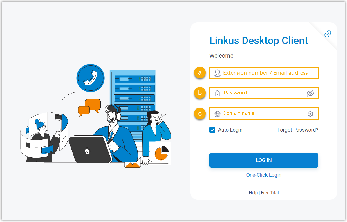 Cloud Voice, desktop login page with fields for username, password, and domain