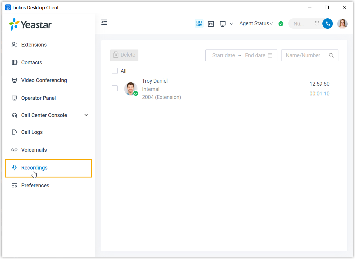 Cloud Voice, the Recordings tab listing recorded calls
