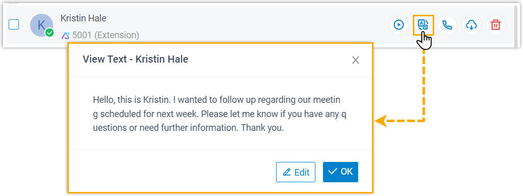 A voicemail entry showing its transcribed text alongside the audio message