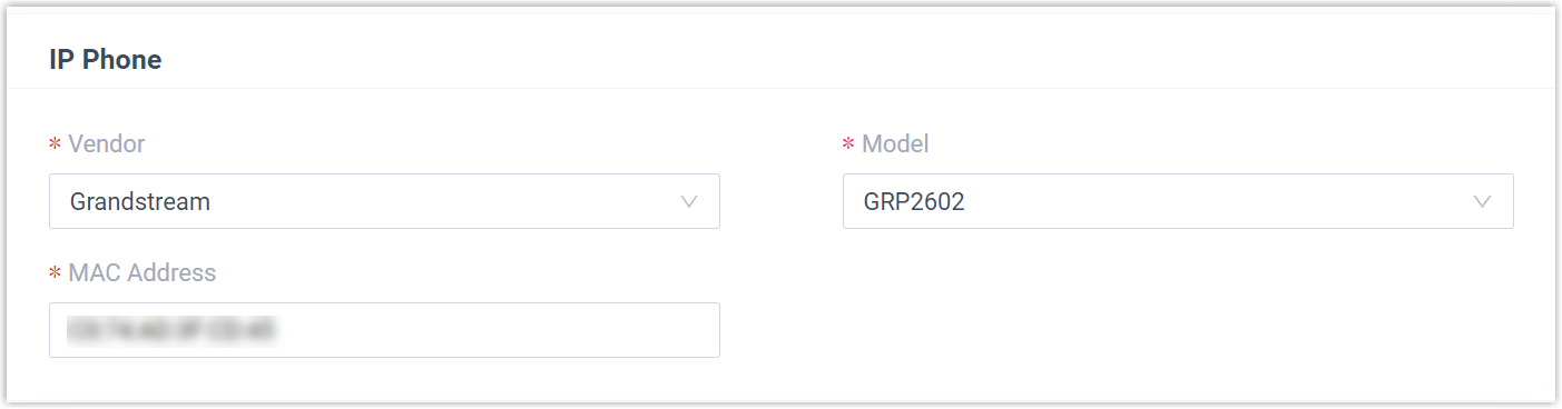 Auto provisioning form with vendor, model, and MAC address fields