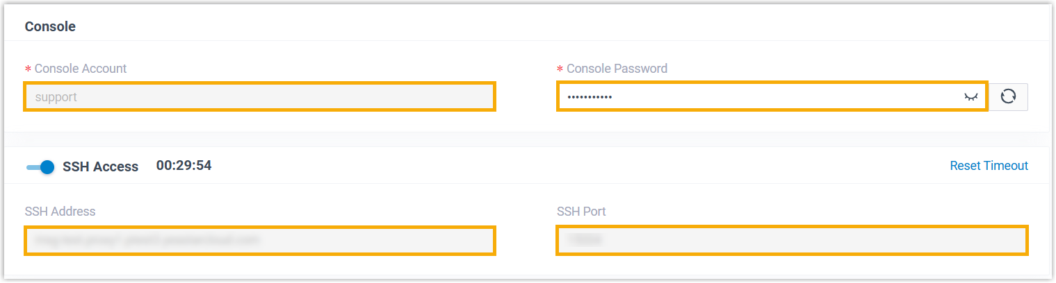 The connection panel listing the SSH address, port, and login details