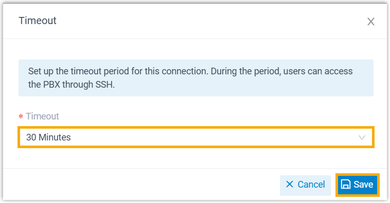 The Timeout drop-down for setting how long SSH access stays open