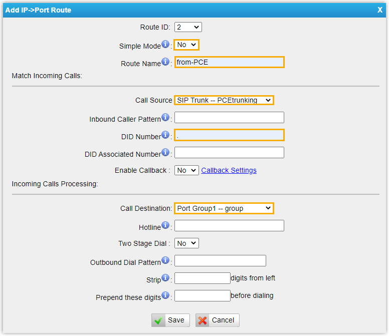 IP-to-Port route on the TA810 gateway matching the PBX SIP trunk to the FXO trunks