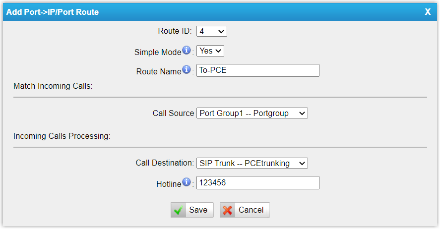 Gateway Port-to-IP route using the FXO trunks as the source and the Cloud Voice SIP trunk as the destination