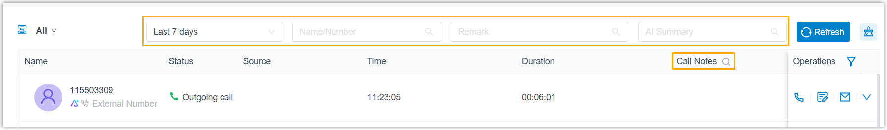 Call Logs filtered by time range and other fields
