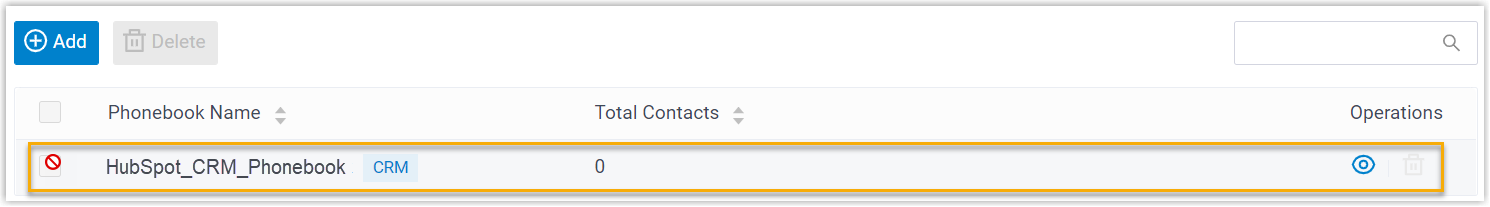 A phonebook list showing the CRM-linked phonebook with its label