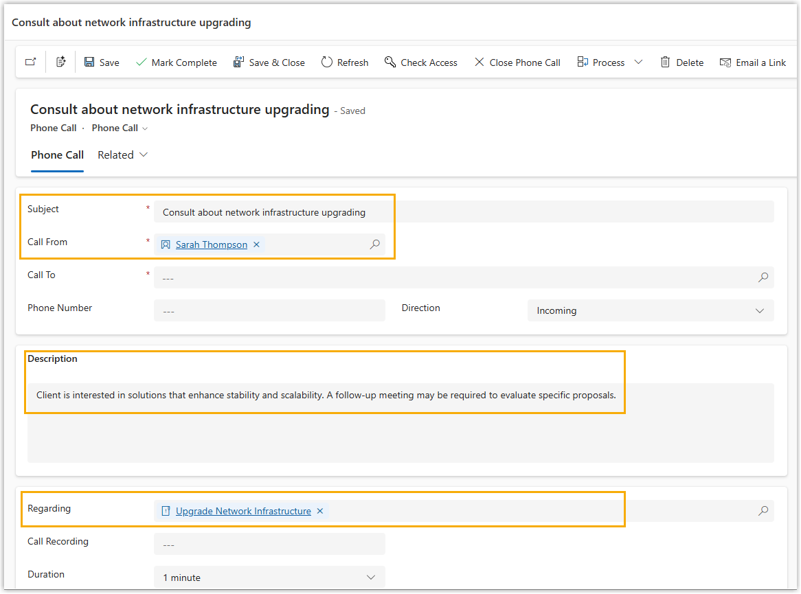 Completed phone call activity as it appears in Dynamics 365