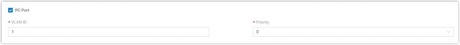 VLAN fields for the phone PC port, with the PC Port checkbox, VLAN ID, and Priority list