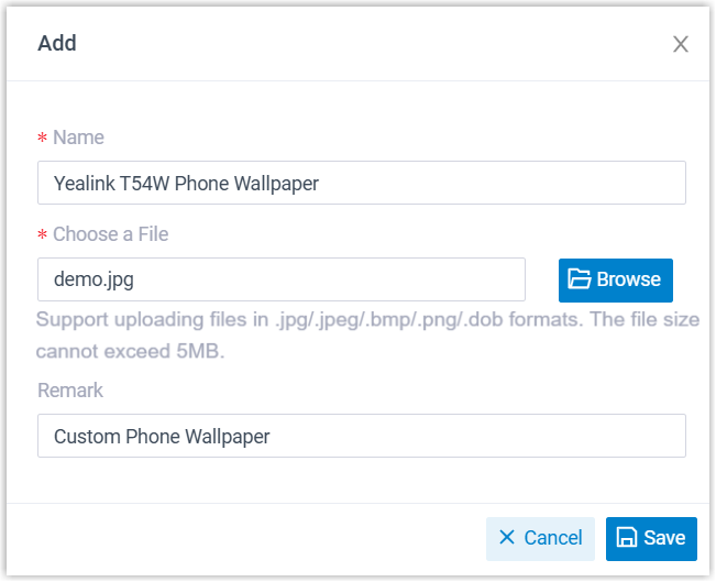 Add Image File dialog showing the Name, Choose a File, and Remark fields