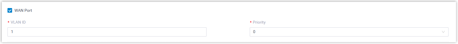 VLAN fields for the phone WAN port, with the WAN Port checkbox, VLAN ID, and Priority list