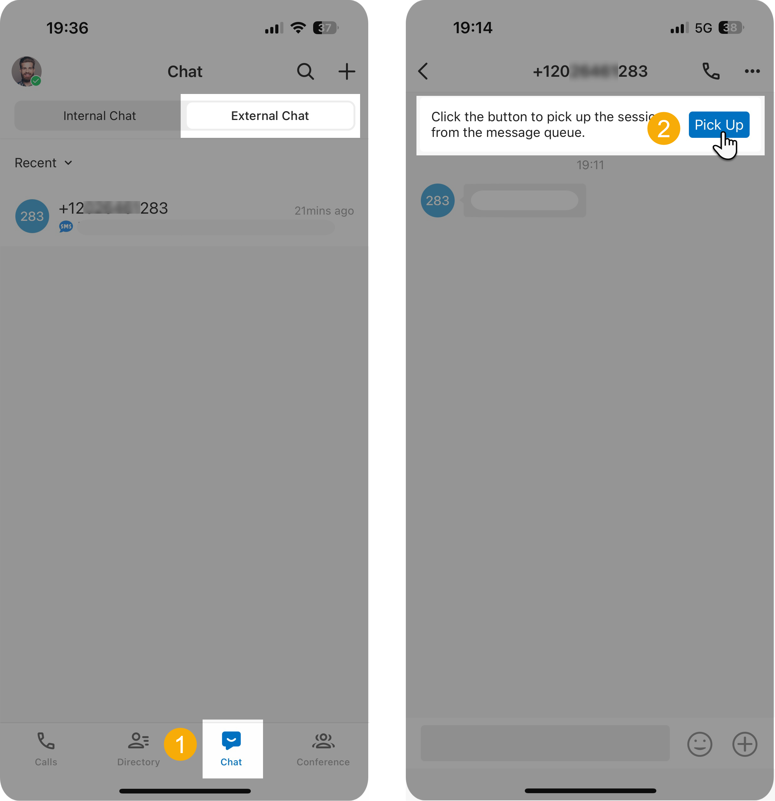 The External Chat list showing a queued conversation with a Pick Up control at the top