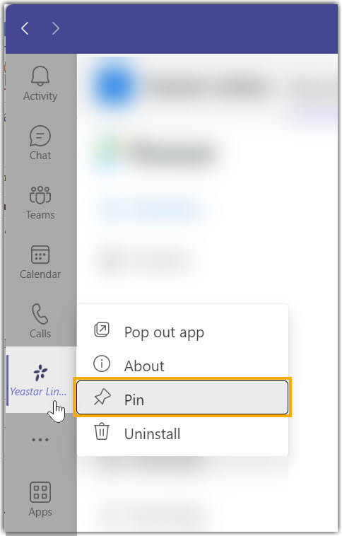 The right-click menu with the Pin option for the Cloud Voice App in Teams