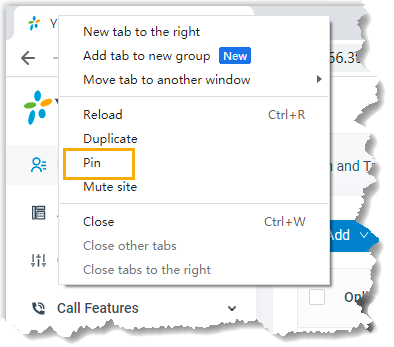 The browser tab right-click menu with the Pin option