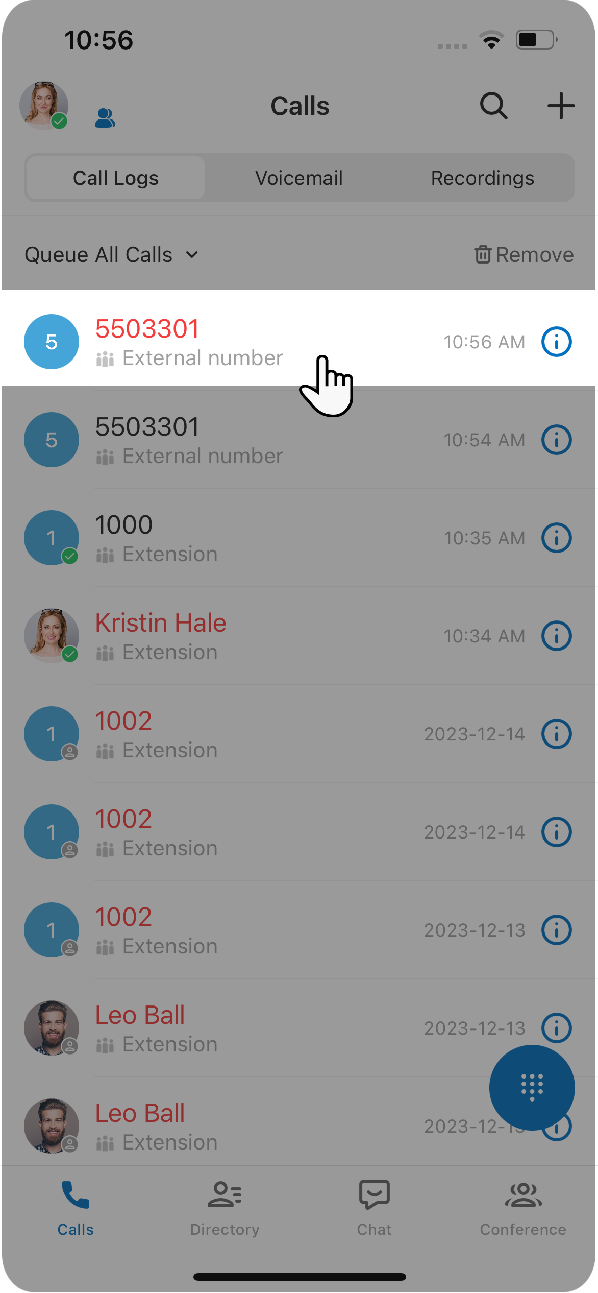 Placing a call directly from a queue call log entry