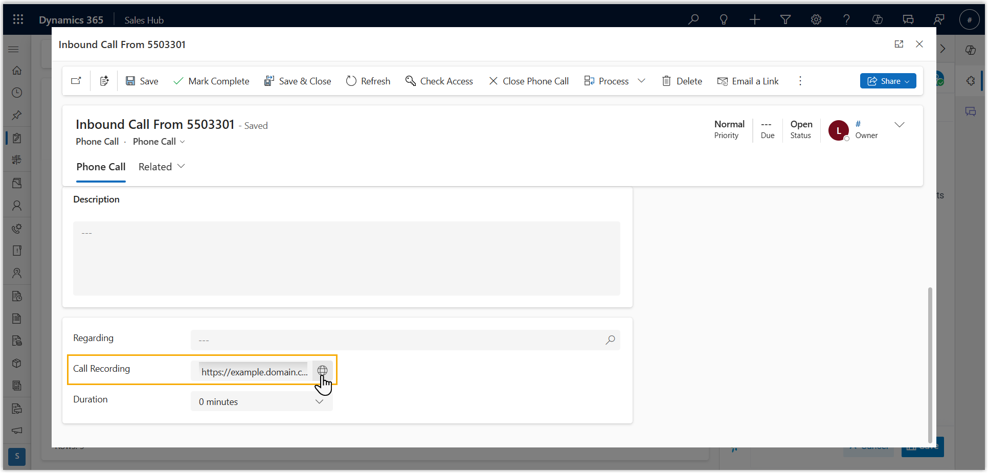 A phone call activity in Dynamics 365 showing the attached recording ready to play