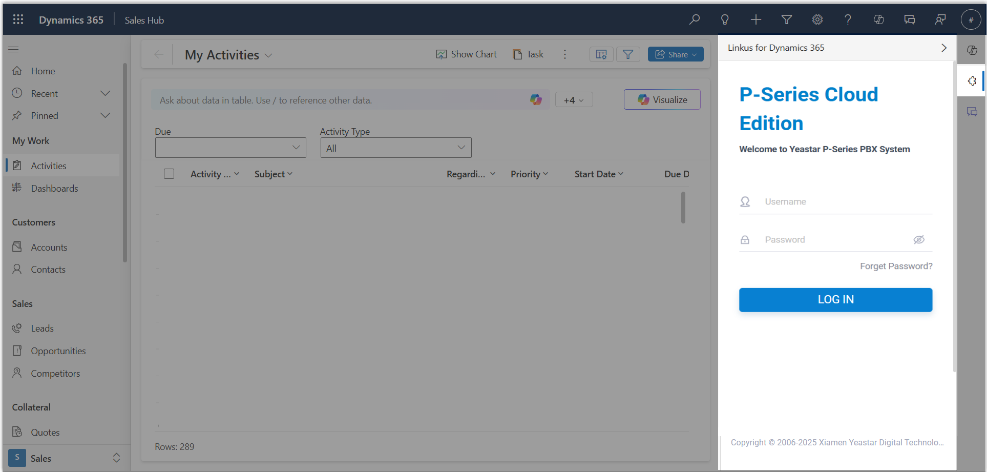 Cloud Voice, the plugin side pane showing the sign-in screen inside Dynamics 365