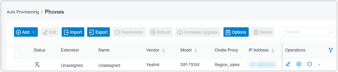 Discovered IP phones listed on the auto provisioning page