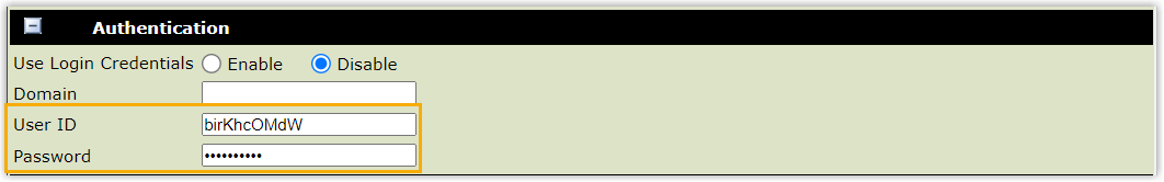 Poly line Authentication section with the user ID and password entered