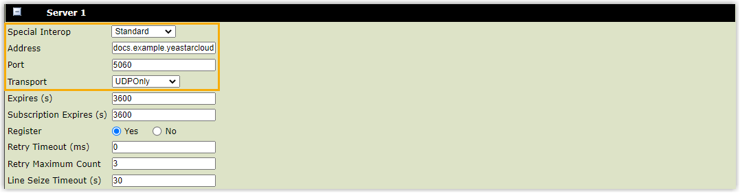 Poly line Server 1 section with the PBX address, port, and transport configured