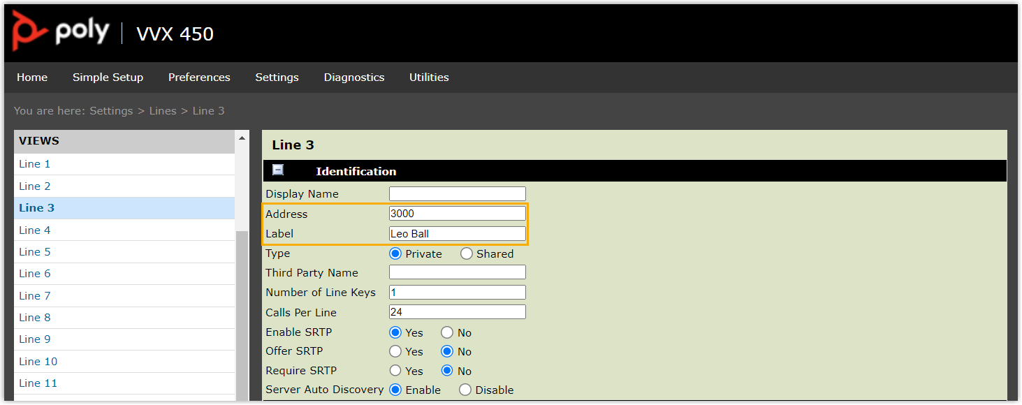 Poly line Identification section with the account address and label filled in