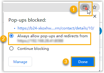 The browser popup-blocked prompt with the option to allow the window and redirection
