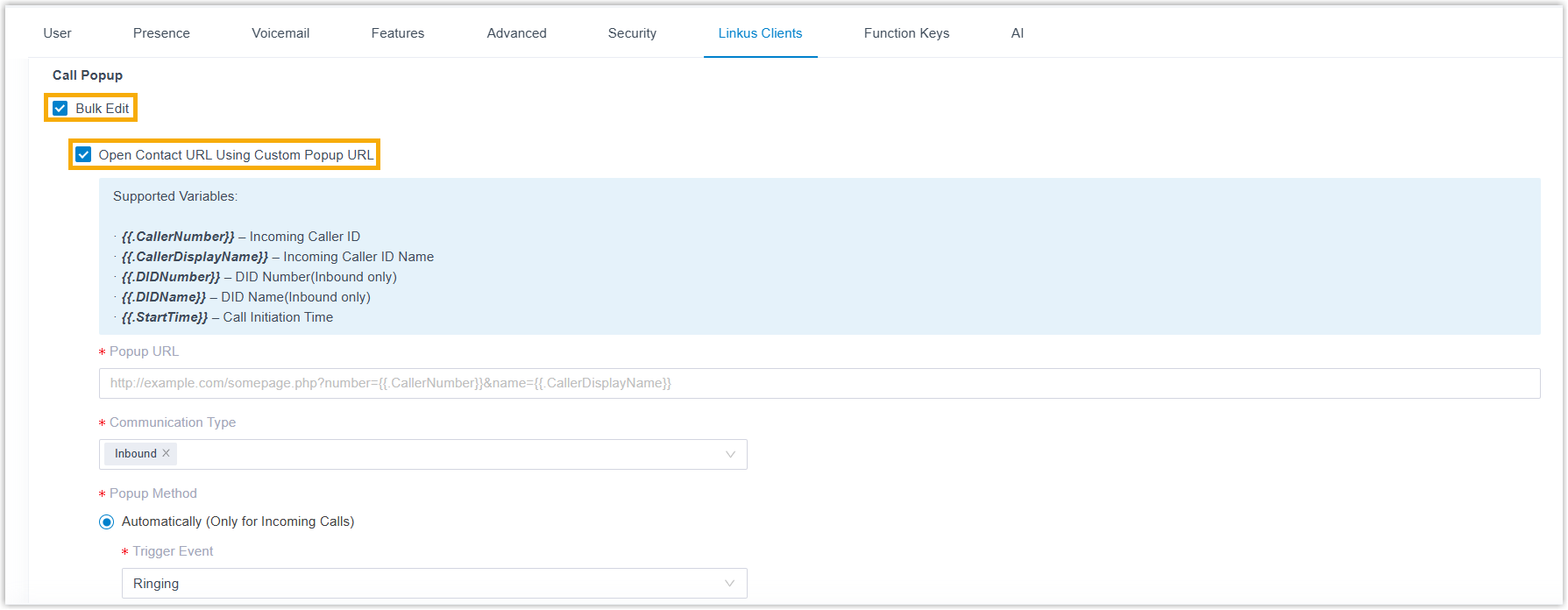 Cloud Voice, enabling the custom popup URL option on the app settings tab
