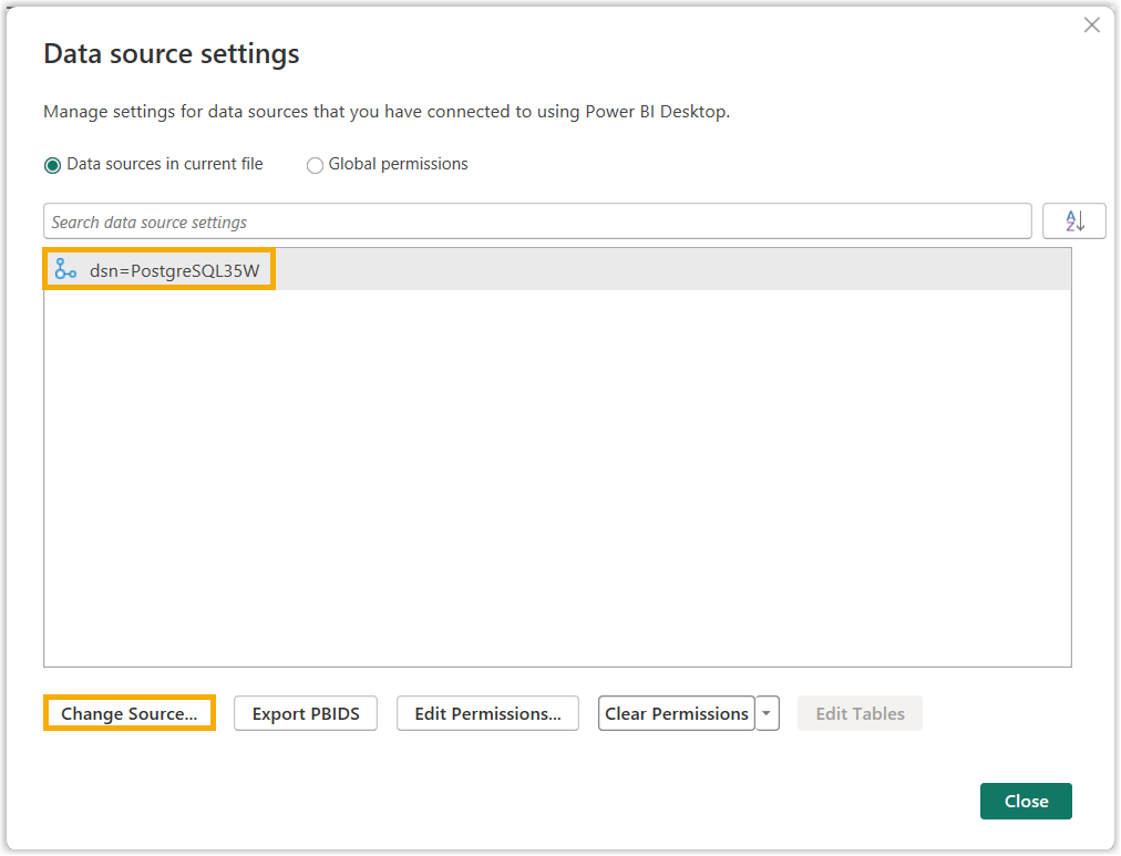 Data source settings window with Change Source highlighted