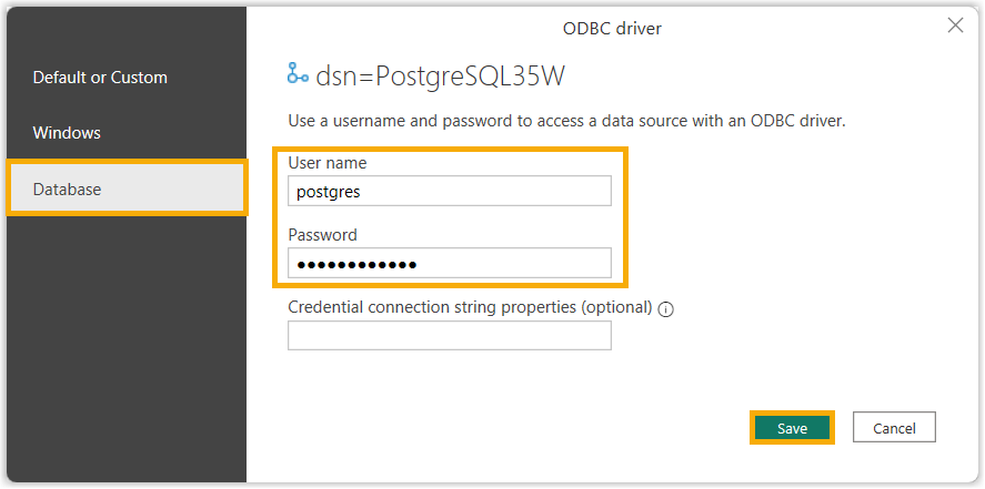 Credential entry form with database authentication fields