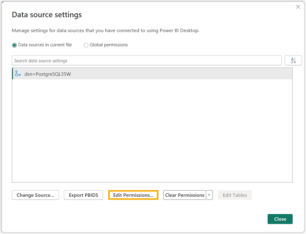 Data source settings with the Edit Permissions button