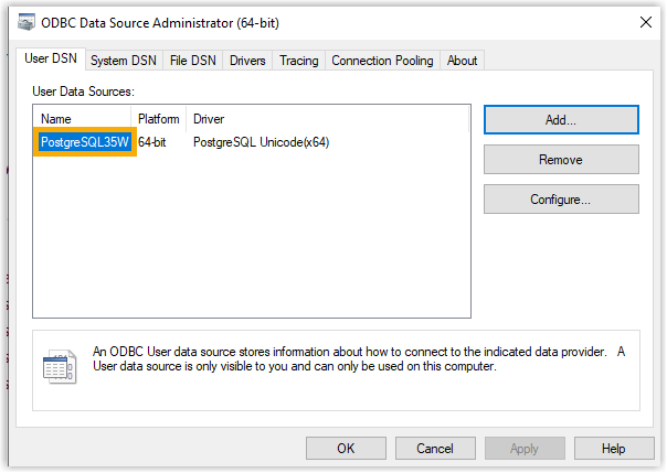 The saved data source name listed in the ODBC administrator