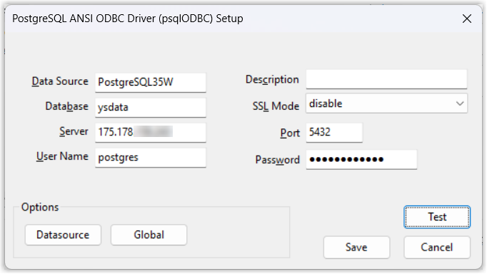 PostgreSQL ODBC connection settings dialog