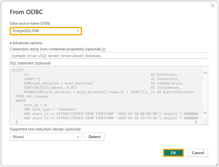 DSN drop-down showing the PostgreSQL data source