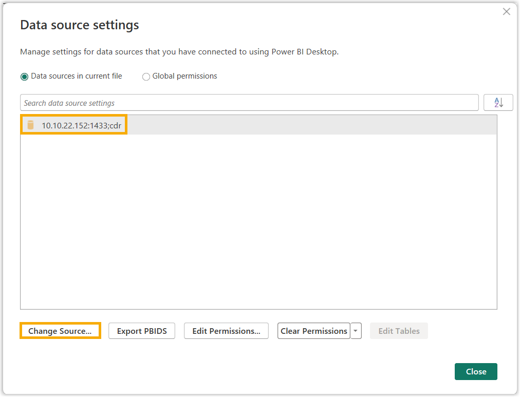 Data source settings window with Change Source highlighted