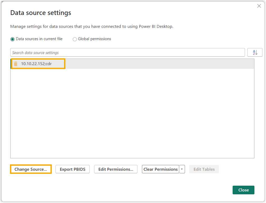 Data source settings window with Change Source highlighted