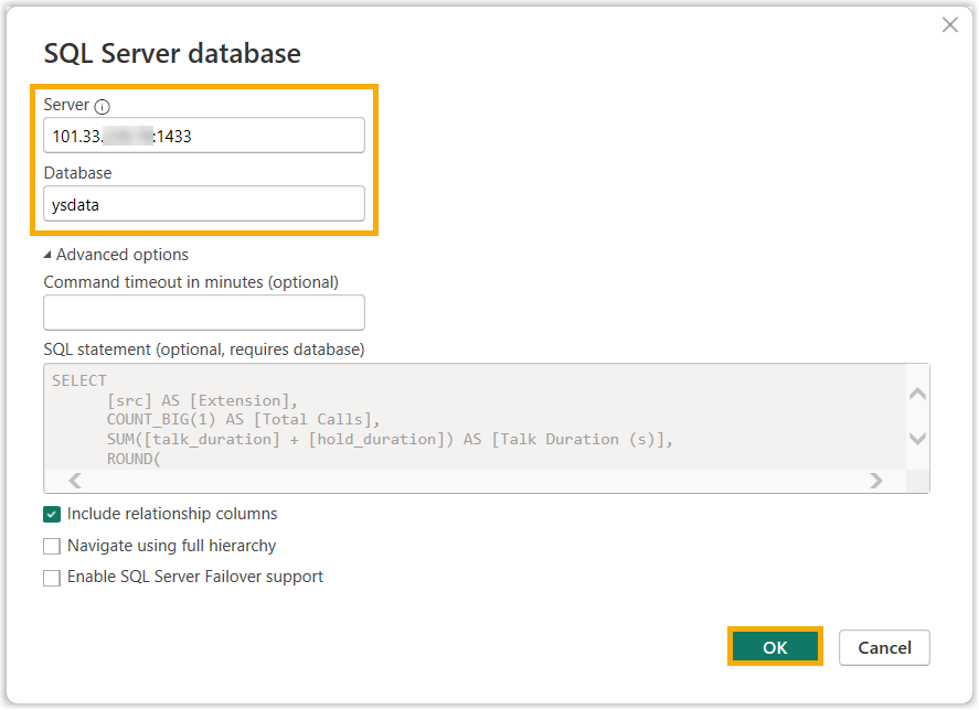 Microsoft SQL database connection dialog