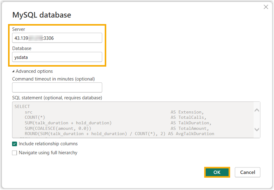 MySQL database connection dialog