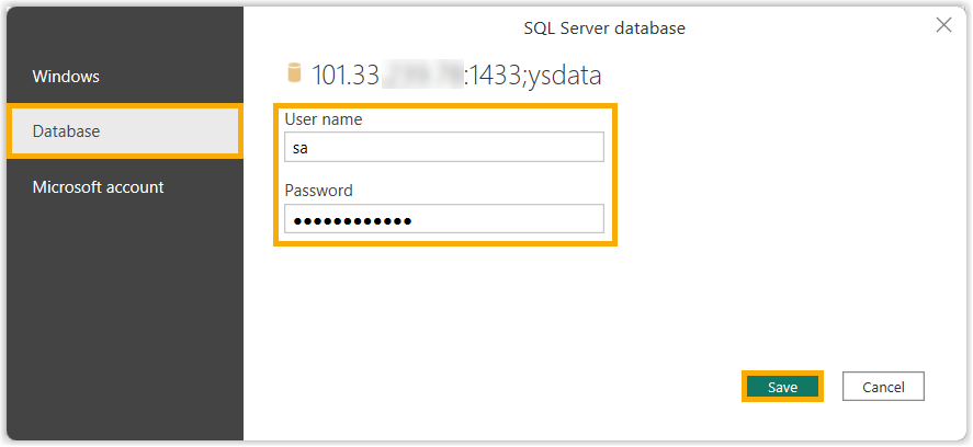 Credential entry form with database authentication fields
