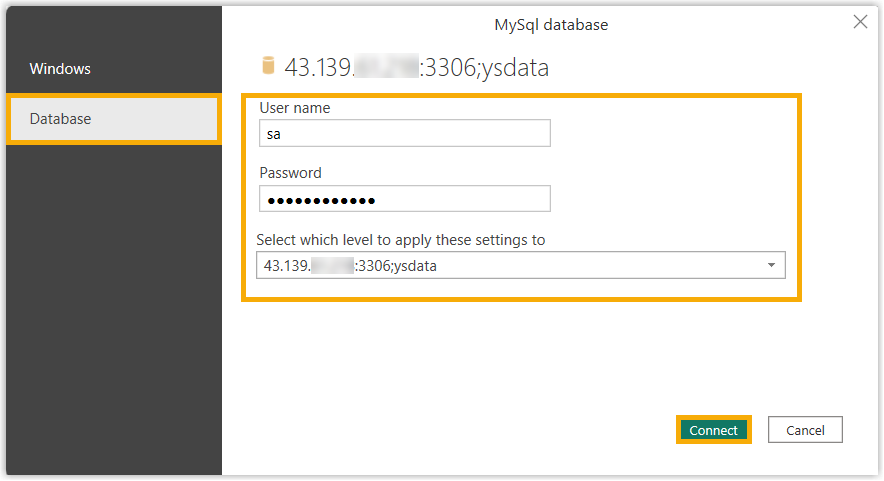 Credential entry form with database authentication fields
