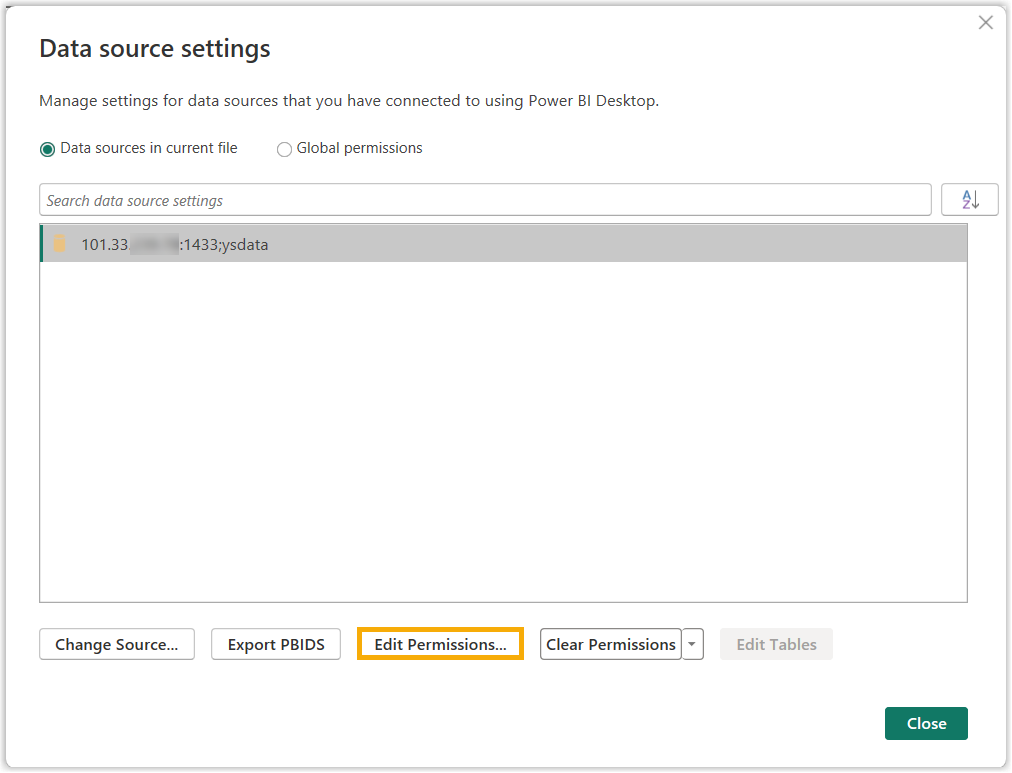 Data source settings with the Edit Permissions button