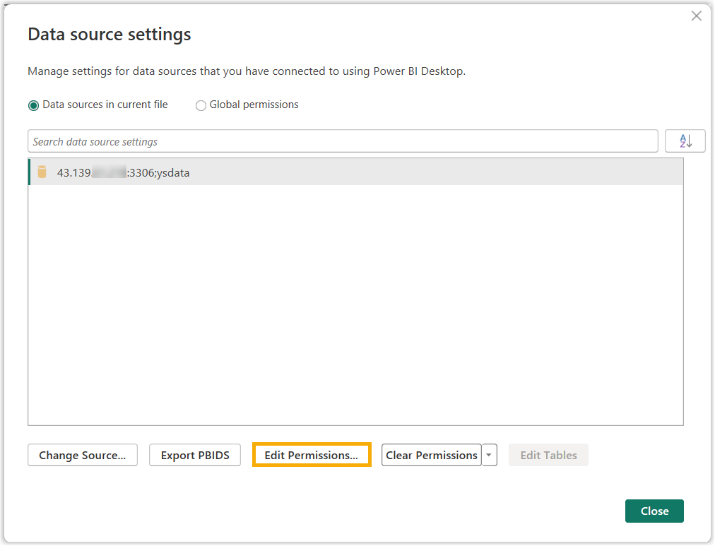 Data source settings with the Edit Permissions button
