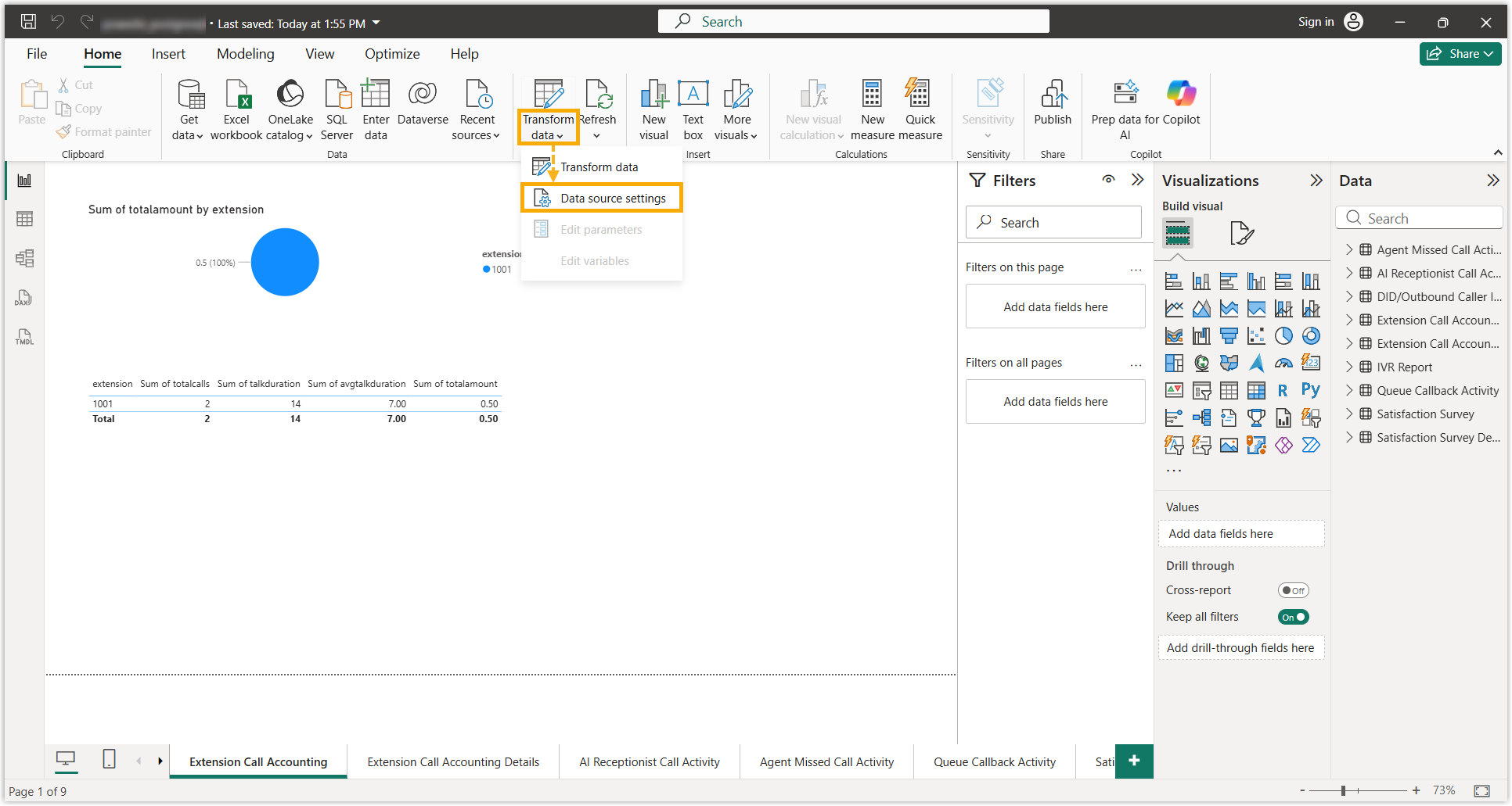 Transform data menu expanded to show Data source settings