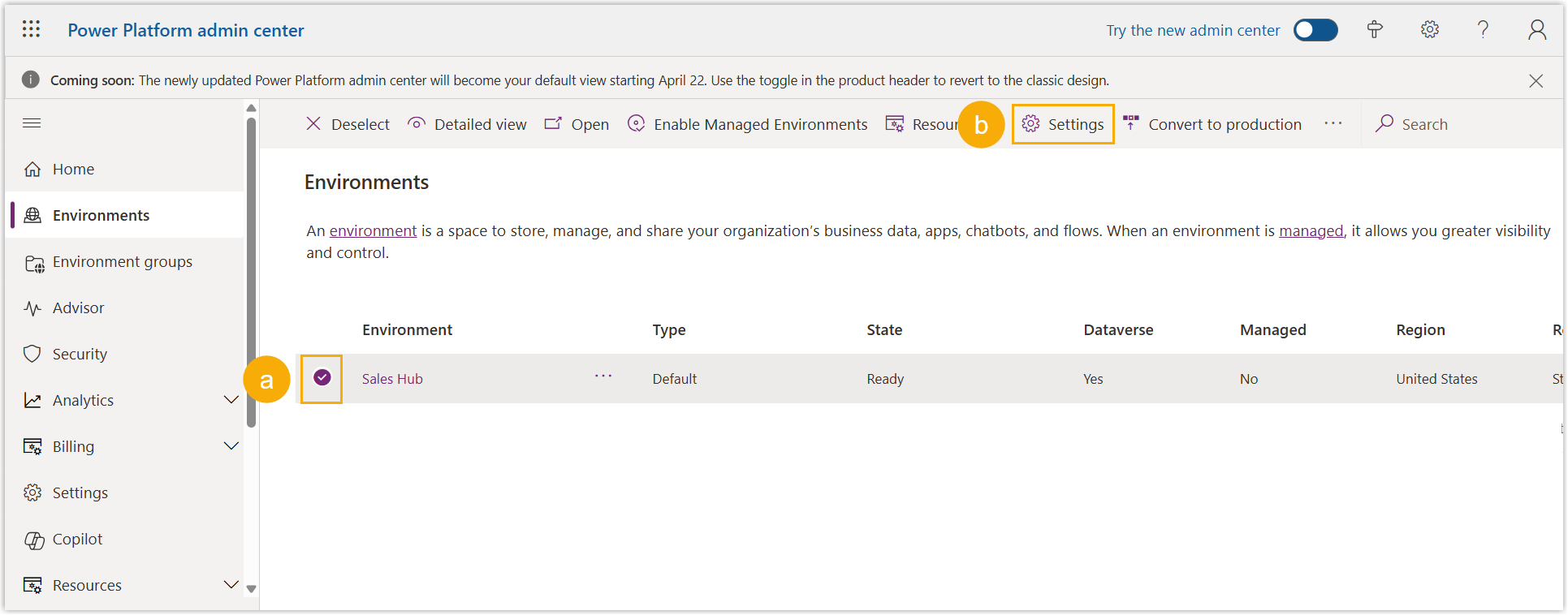 Power Platform Admin Center with an environment selected and Settings open
