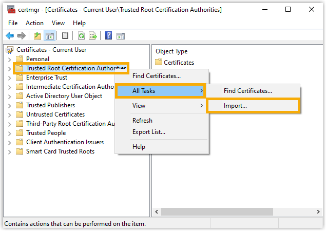 Trusted Root Certification Authorities context menu with the Import command